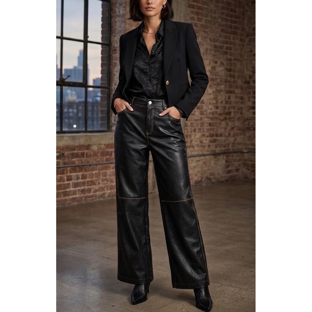 Lulus Black Faux Leather Wide Leg Pants High‎ Rise Contrast Stitch Vegan Size M